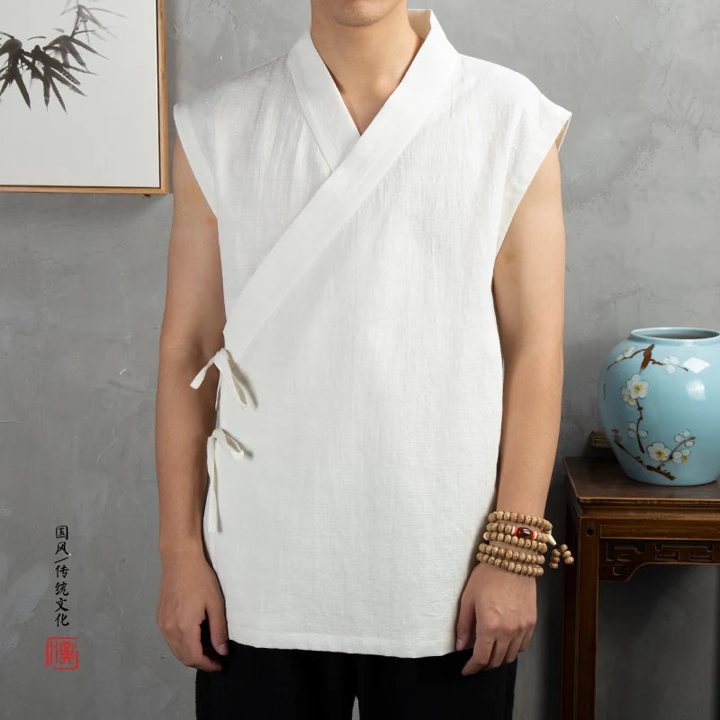 Traditional Chinese Clothing Hanfu Men Linen cotton sleeveless Jacket mens tang suit Kimono Cardigan Male Open Stitch Coat