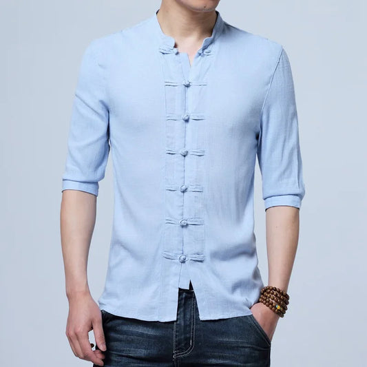 Tradictional Chinese Clothing For Men Half Sleeve Cotton Linen Chinese Style Shirts Kung Fu Tai Chi Tang Suit Style Tops CN-026