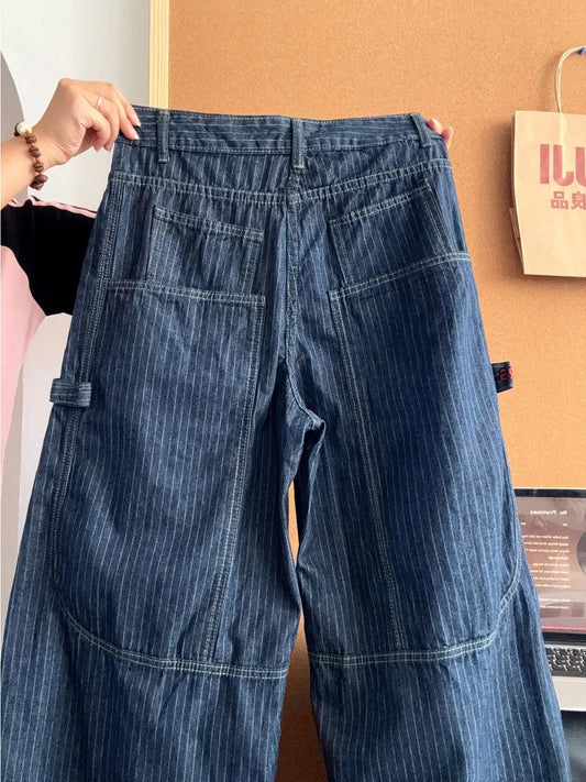 Retro High Street Deep Blue Striped Wide Leg Jeans Unisex Trendy Workwear Denim Knife Pants All Season Casual Jeans