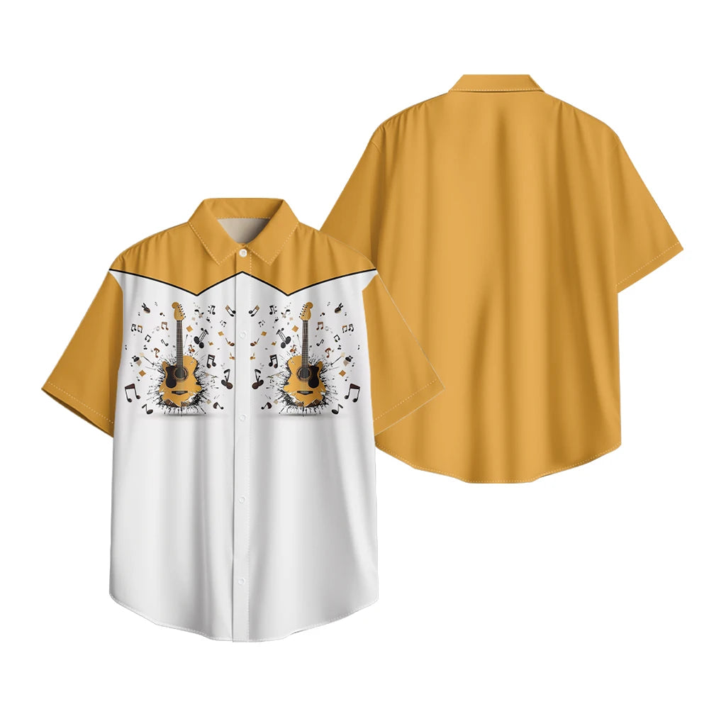 Men's Fashion Casual Shirt with Musical & Floral Design Short Sleeve Button Up Shirt Retro Hawaiian Inspired Summer Shirt