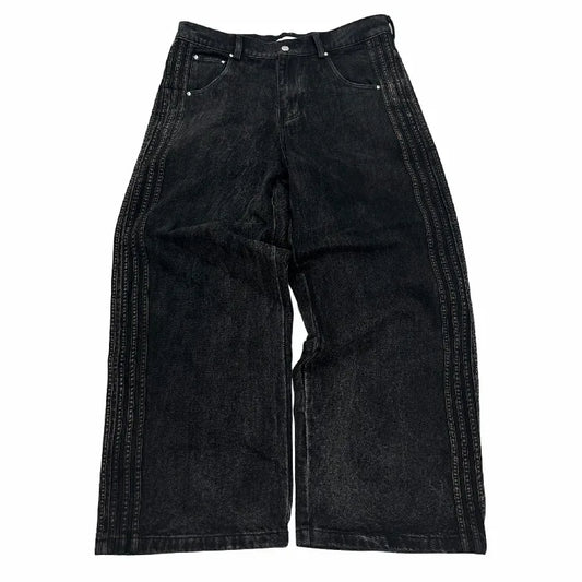 Streetwear Jeans Y2K Clothes Mens Womens Hip Hop Retro Striped Embroidery HCW Baggy Jeans Black Pants Wide Leg Trousers