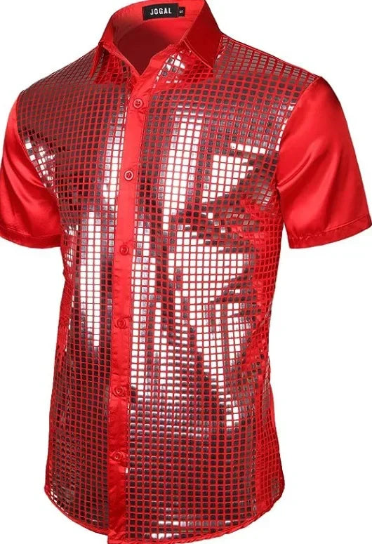 Men's Shiny Shirts Short Sleeve Shirts Nightclub Prom Disco Party Costume Button Blouse Casual Retro Cosplay Shirts Tops for Men