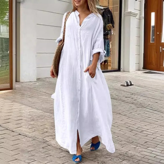Women's Clothing Casual Pocket Shirt Collar Long Skirt Casual Cotton Linen Dress