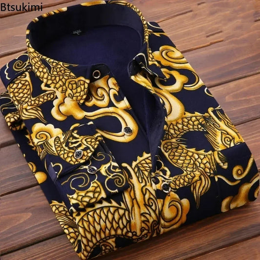 2026 Men's Wedding Party Warm Shirts Autumn Winter Oversized Casual Dress Office Business Fleece Shirts Male Casual Warm Shirts
