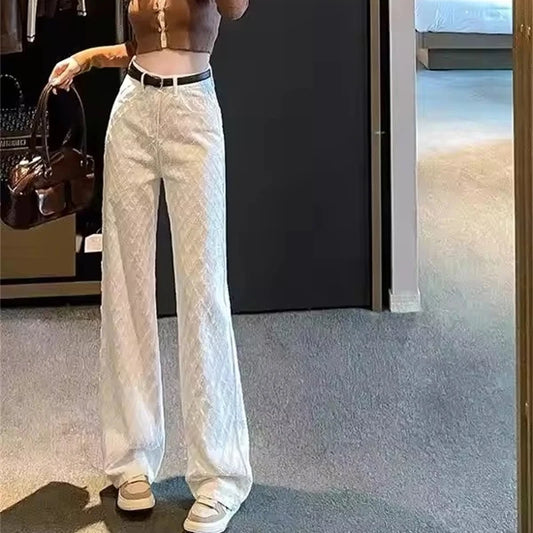 White Wide Leg Jeans Women's Spring Casual Trousers 2025 New Embroidery High Waist Loose Slimming Floor-Length Straight Pants