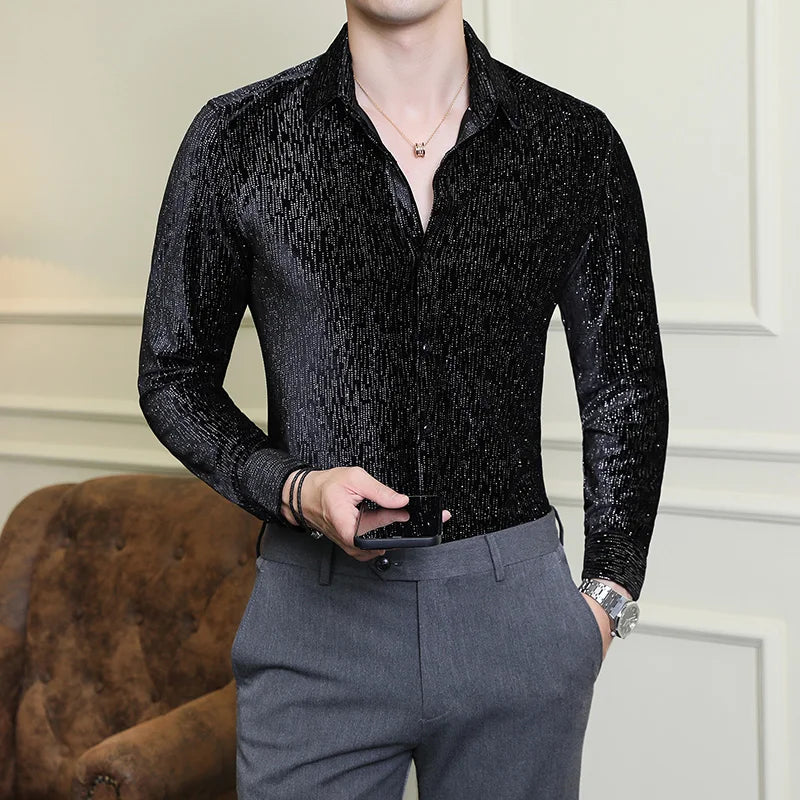 2024 Men's Shirts Luxury Shiny Velvet Social Shirts Autumn Winter Mens Dress Shirts Slim Long Sleeve Party Tuxedo Men Clothing