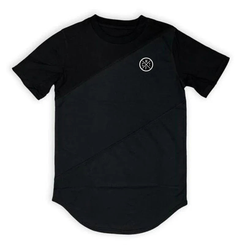 Mens Workout Bodybuilding Muscle Clothing Gym Fitness Cotton Breathable T-shirts Stitching Contrast Color Short Sleeve Shirts