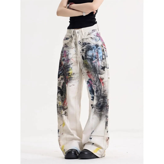 Fashion Printed Jeans 2025 Retro Graffiti Denim Mopping Trousers Korean Style High Street Loose Hip Hop Wide-leg Jean Pants