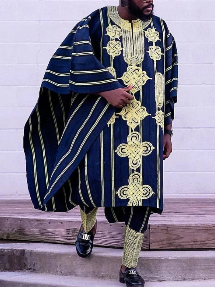 Men's African Traditional Clothing: Bazin Rich Original Heat Pressed White Clothing, Three-piece Suit, Suitable for Wedding Part