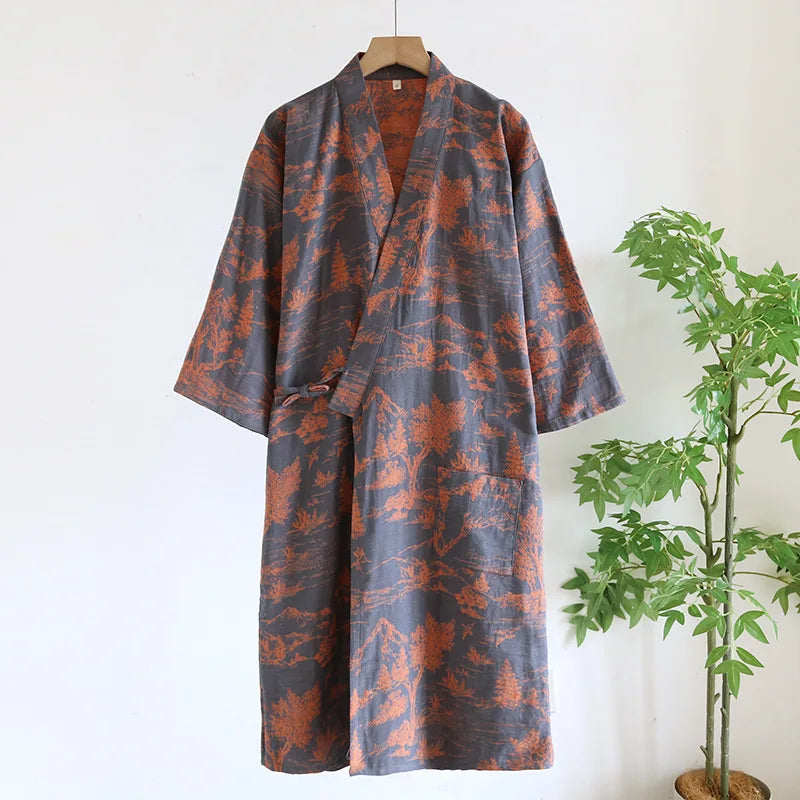 Men's Roomwear Cotton Kimono Pajamas Robes for Spring Jacquard Printed Home Clothing Medium Length Oversized Breathable Bathrobe