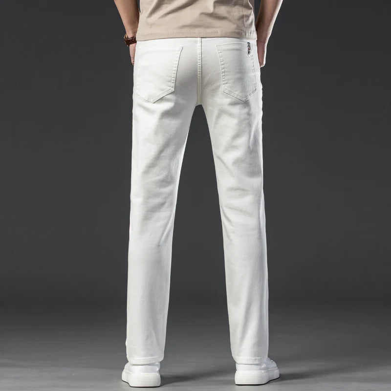 2023 Men White Jeans Fashion Casual Classic Style Regular Straight Fit Soft Trousers Male Advanced Stretch Pants