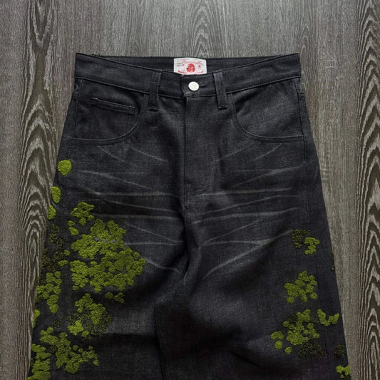 Mens Jeans Floral Embroidery Denim Pants Harajuku Unisex Loose Fit Straight Leg Vintage Streetwear Casual Fashion Trend New Ins
