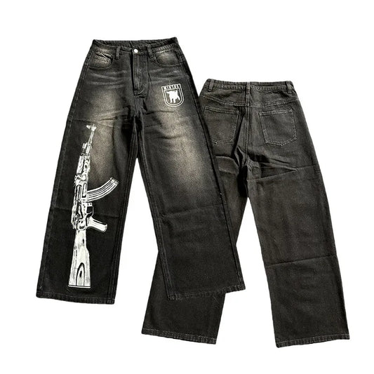 Printed Washed Loose Jeans Men's Harajuku Y2K New Hip-Hop Oversized Wide Leg Pants Men's and Women's Floor Mopping Jeans