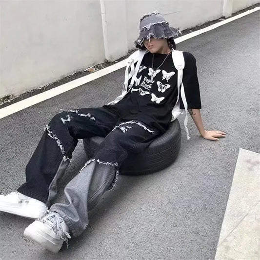 2026 Korean Fashion Ripped Jeans Pants Men Broken Holes Trousers Casual Soft Stylish Regular Baggy Straight Denim Trousers