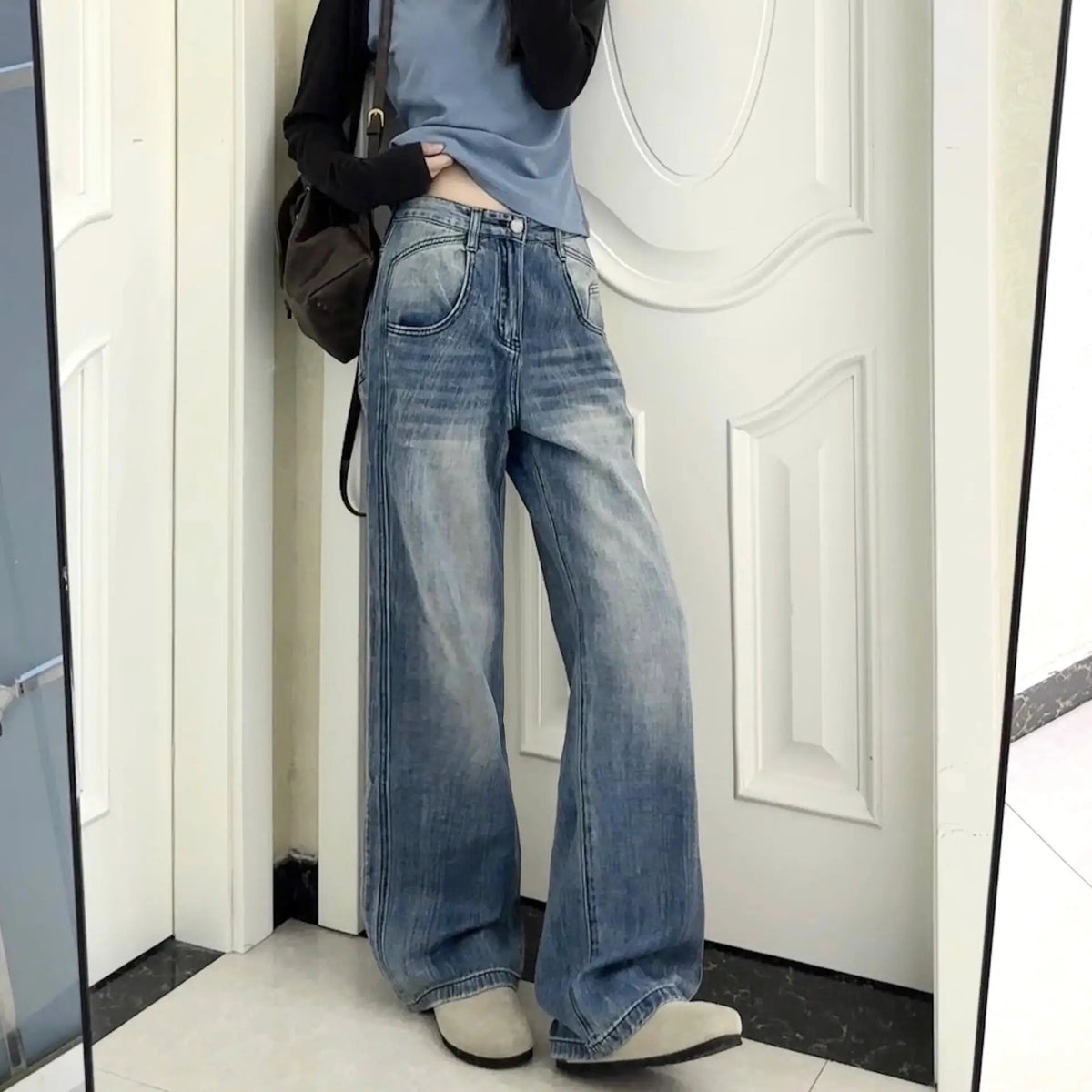 Loose Relaxed Jeans Retro Washed Side Pressure Arc Large Pocket Mopping Pants