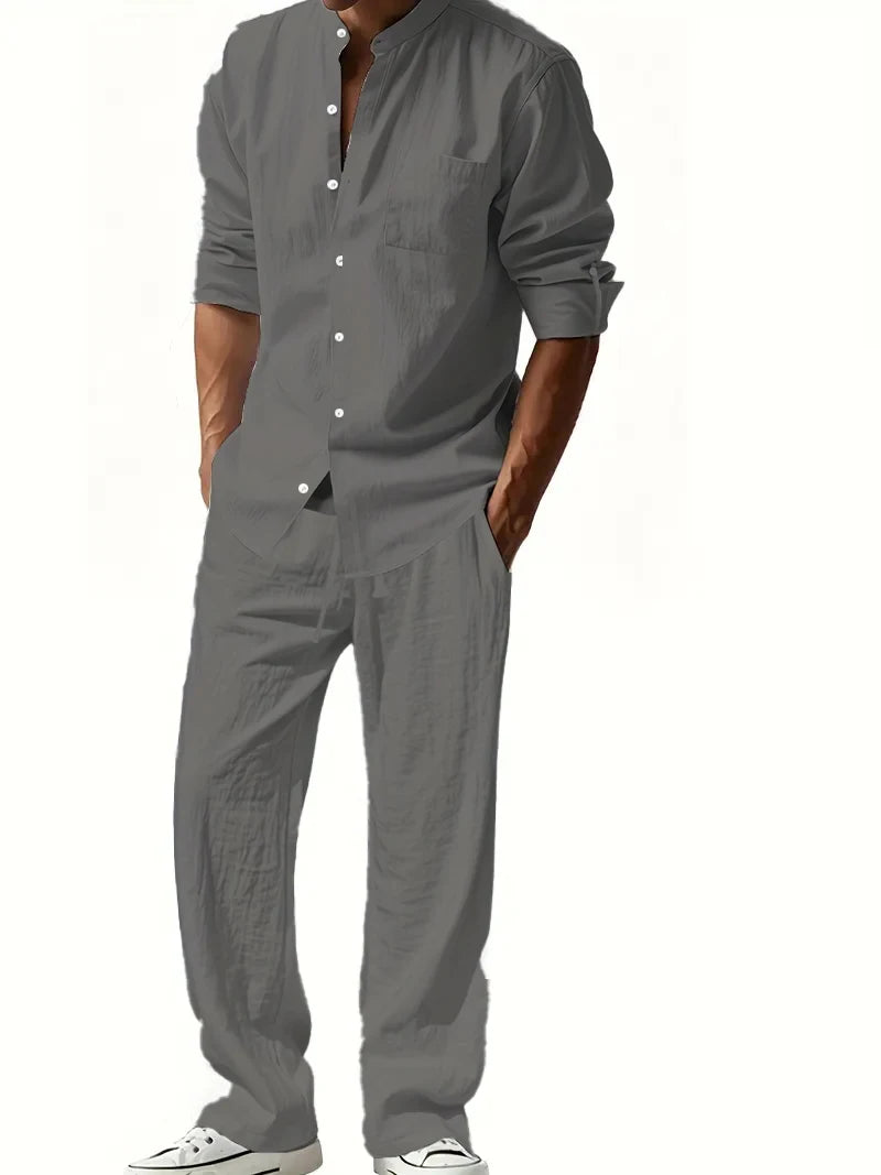 Men's Cotton Linen Shirt and Pants Set Breathable Comfortable Casual Two Piece Outfit Summer Style