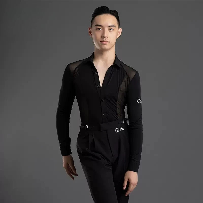 Men's Latin Dance Practice Clothes, Tops, Men's Performance Training Clothes, Long-sleeved Mesh Yarn Body Clothes, Test Clothes