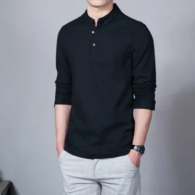Men's Clothing Men Spring Tops & Tees Male Fashion T-Shirts Stand Collar Long-sleeved Slim Base Shirt Homme Linen t-shirt