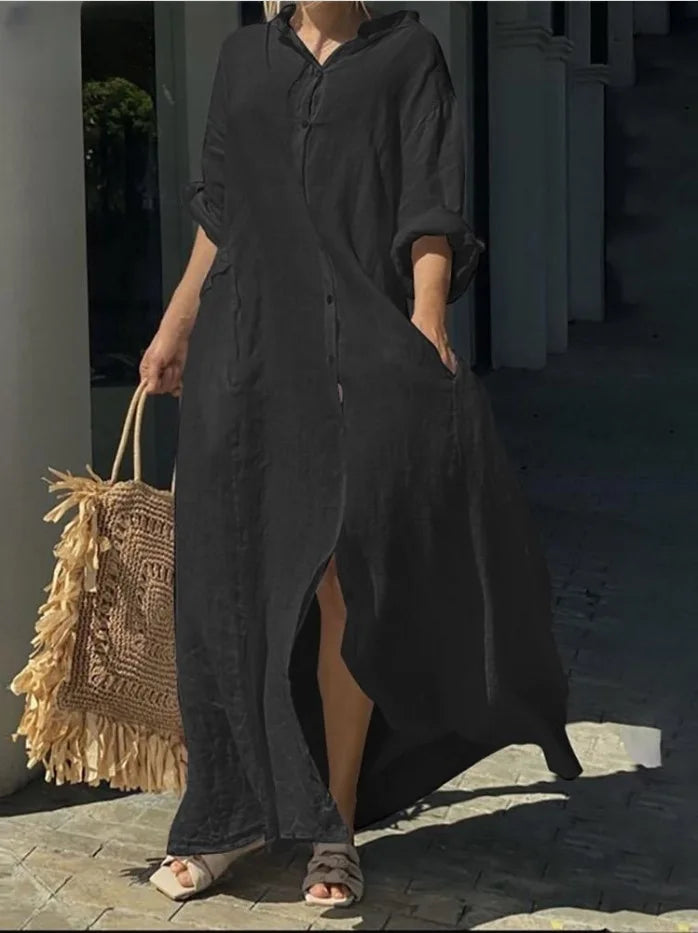 Women's Clothing Casual Pocket Shirt Collar Long Skirt Casual Cotton Linen Dress