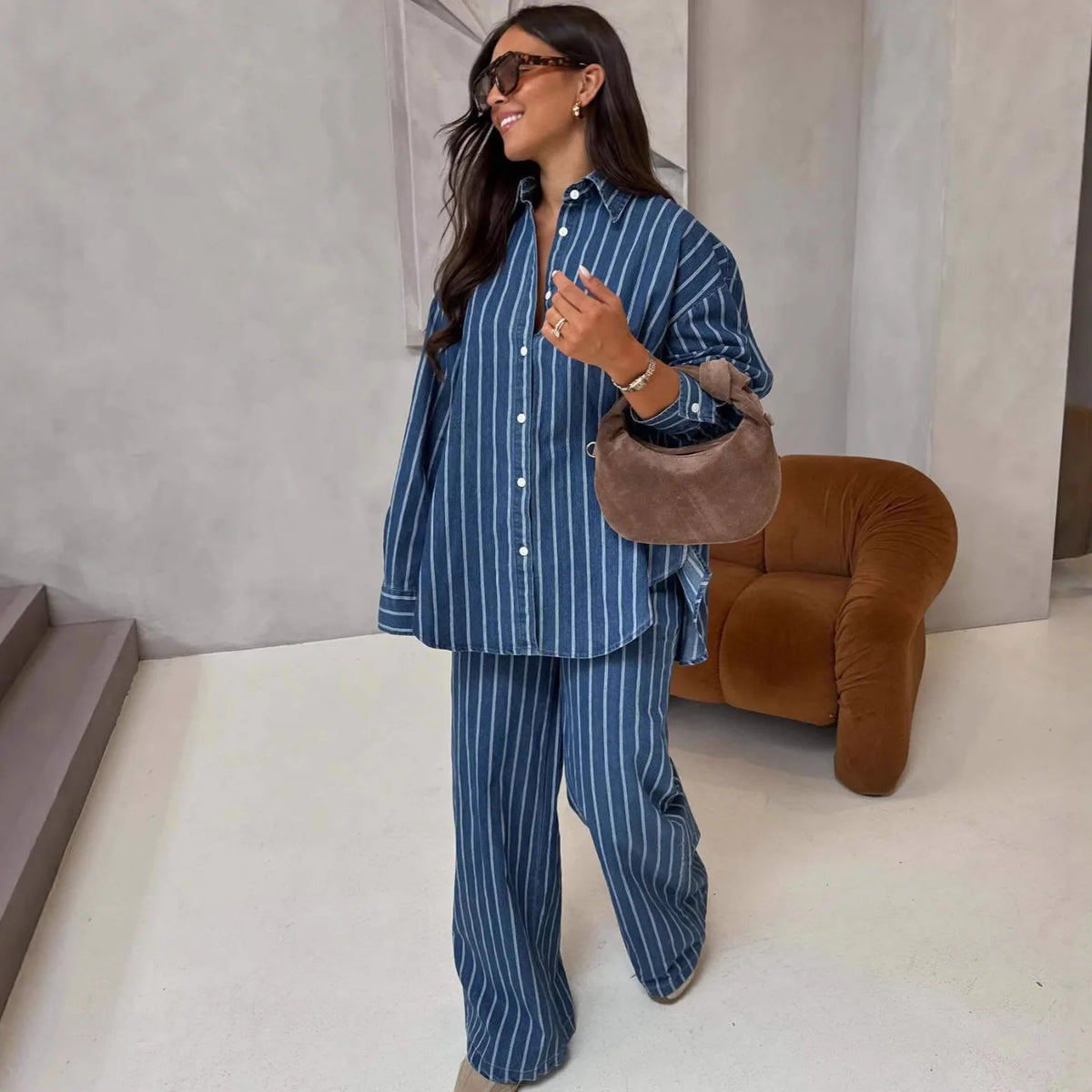 Two Piece Set Women Wholesale Lapel Loose Single Breasted Shirt High Waisted Straight Leg Pants Casual Elegant Suit