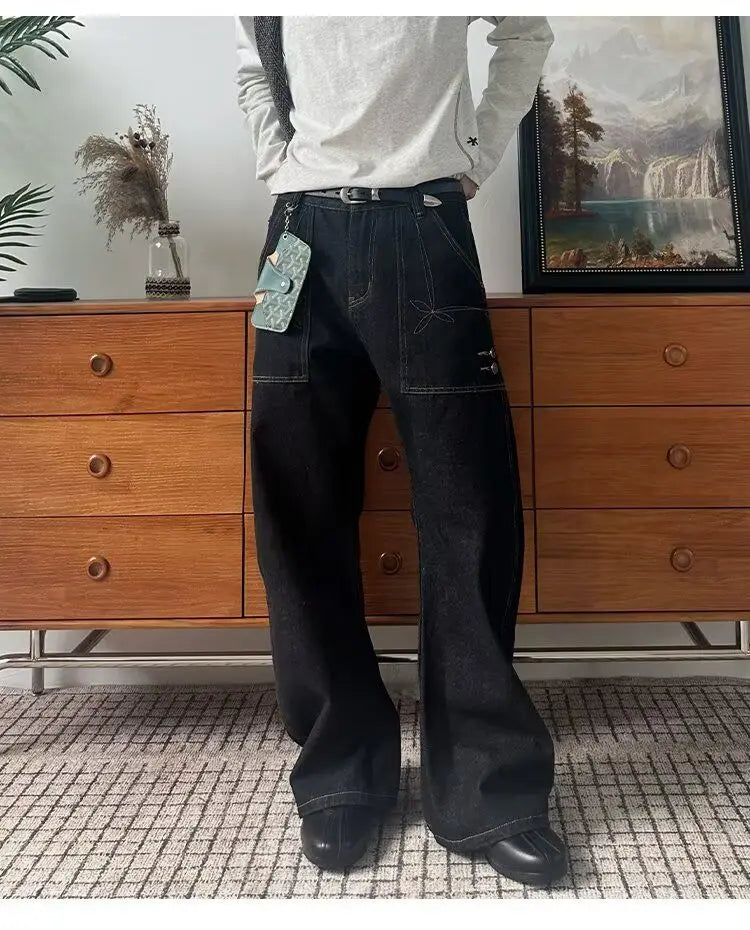 JEANS MEN Black Straight Leg Mens Jeans Novel Pocket Design Front Patch Denim Pants Trendy Fashion Casual Trousers Hot Sale 2025