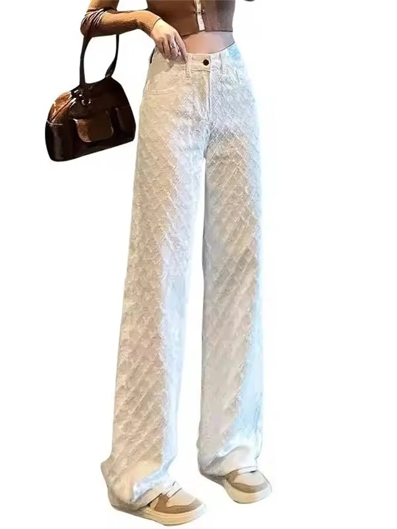 White Wide Leg Jeans Women's Spring Casual Trousers 2025 New Embroidery High Waist Loose Slimming Floor-Length Straight Pants