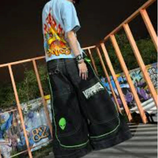 2026 European and American autumn winter jeans casual wide-leg Harajuku alien pattern trousers hip-hop high street gothic jeans