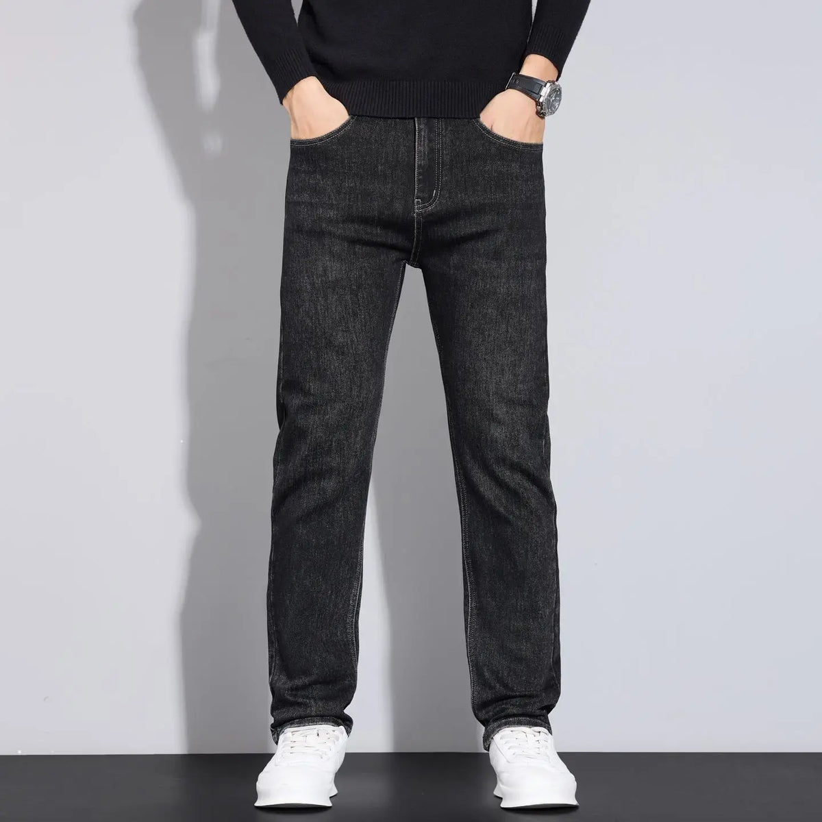 2025 Men's Fashionable High-End Blue and Black Straight Leg Jeans, New Stretch, Slim Fit, Business Comfortable Men's Brand Jeans