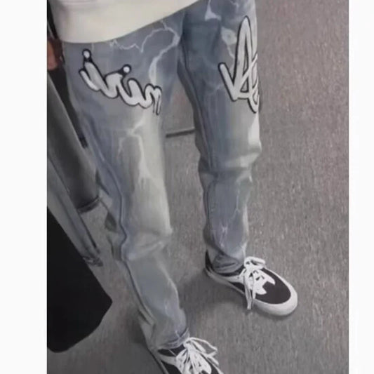 2025 Men Jeans Male Slim High Elasticity Star Embroidery Stretch Mid Waist Casual Jeans Fashion Street Wear Straight Leg Pants