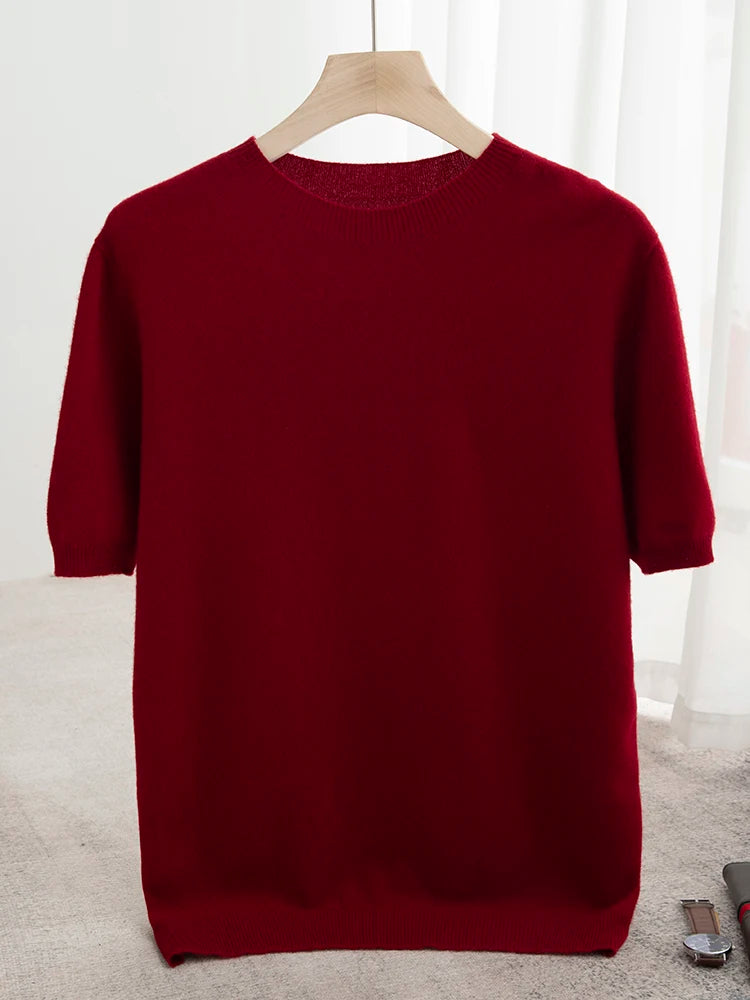 Men Classical T-shirt 100% Merino Wool Sweater O-neck Short Sleeve Pullover Smart Casual Basic Clothing Cashmere Knitwear Tops