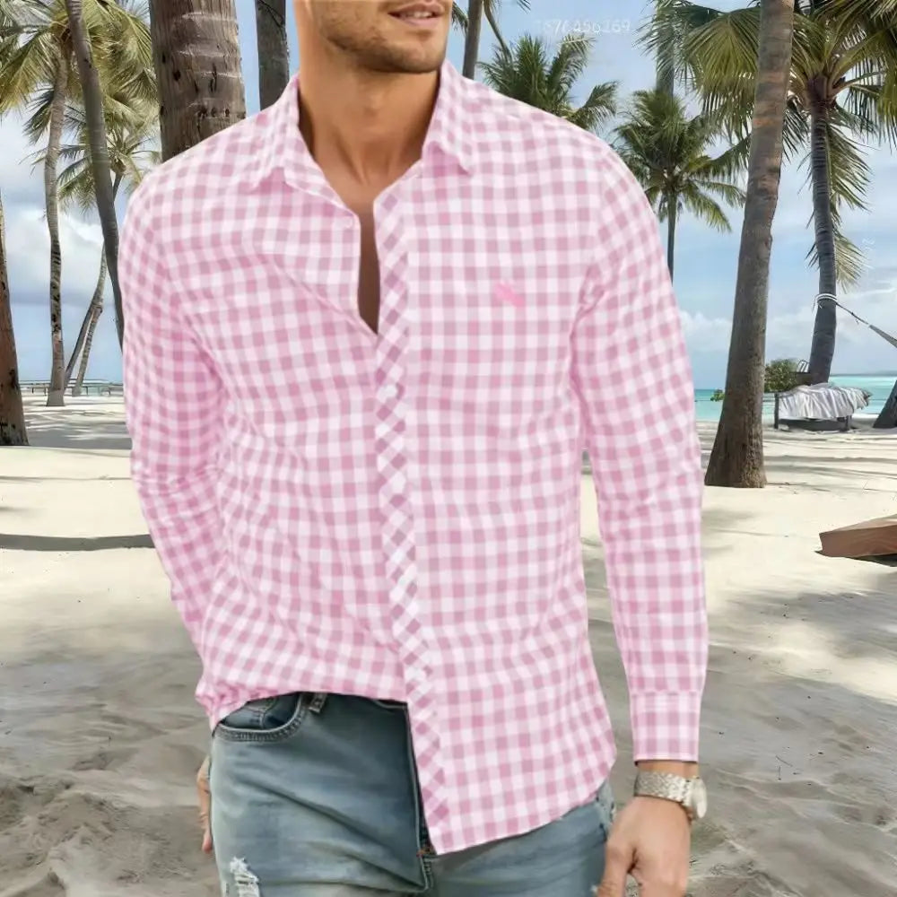 New Men's Shirts Are Available in Striped and Checked Styles, With Various Colors to Choose From. This Casual Long-Sleeved Shirt
