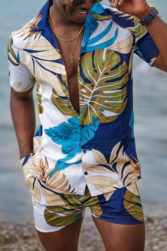 Summer Men's Short Sleeve Shirt Beach Shorts 2 Pcs Set Hawaii Comfortable Men Casual Flower Shirt Breathable Male Shorts Suits