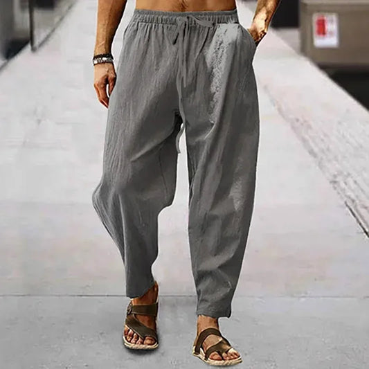 New Men Cotton Linen Pants Summer and Autumn Solid High Waist Wide-Leg Trousers Male Loose Hemp Casual Breathable Sports Pants