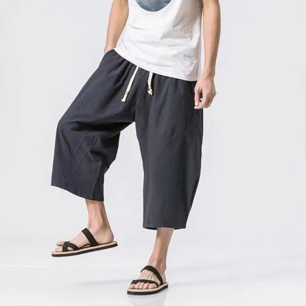 Men Loose Thin Cotton Linen Casual Trousers Calf-length Sweatpants Men's Clothing Fashion Solid Color Harem Pants