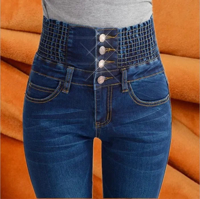 Winter Warm Thick Fleece Woman's Jeans with High Waist Mom Jeans for Women Jean Femme Cloth Black