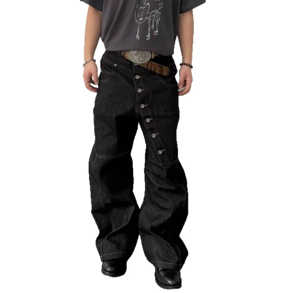 Wide-leg Floor-dragging Jeans Niche Retro Long Row of Buttons Man Loose Casual Fashionable Comfortable Cool Personality