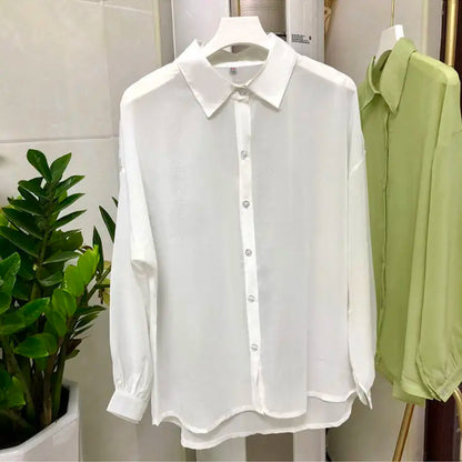 Women Shirts Sheer Sun-proof Fashion Summer Elegant Outerwear Simple Solid All-match Feminine Long Sleeve Turn-down Collar Cozy