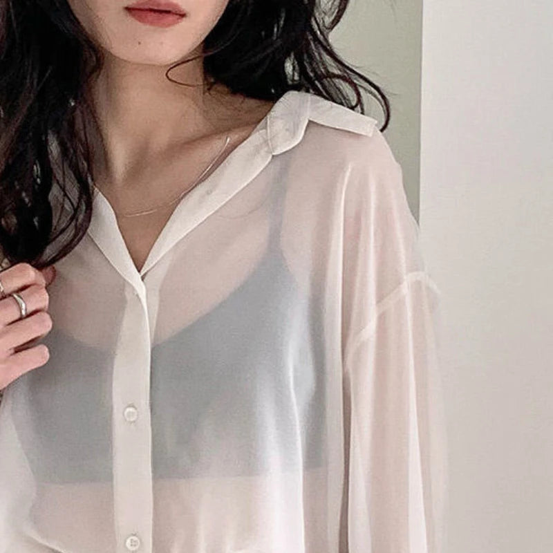 Women Shirts Sheer Sun-proof Fashion Summer Elegant Outerwear Simple Solid All-match Feminine Long Sleeve Turn-down Collar Cozy
