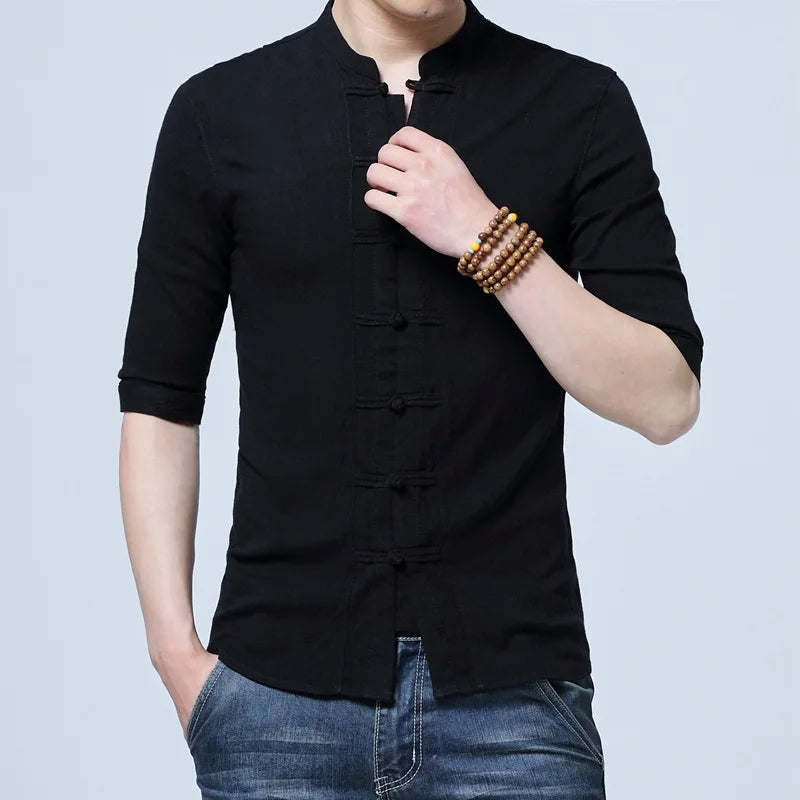 Tradictional Chinese Clothing For Men Half Sleeve Cotton Linen Chinese Style Shirts  Kung Fu Tai Chi Tang Suit Style Tops CN-026