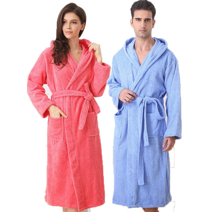 Hooded cotton men bathrobe plus siez XL pajamas women towel fleece robe winter thick soft long loves home spring white blue