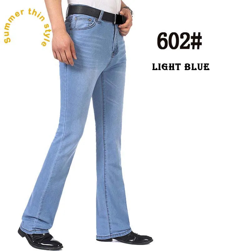 2019 New Summer Thin Mens Flared Leg Jeans High Waist Long Flare Jeans For Men Bootcut Blue Jeans Hommes bell bottom jeans men