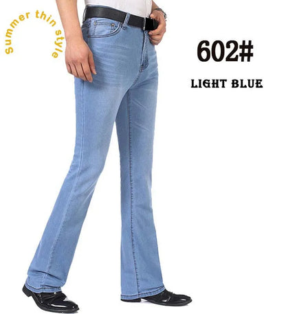 2019 New Summer Thin Mens Flared Leg Jeans High Waist Long Flare Jeans For Men Bootcut Blue Jeans Hommes bell bottom jeans men