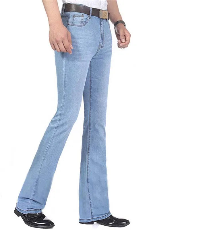 2019 New Summer Thin Mens Flared Leg Jeans High Waist Long Flare Jeans For Men Bootcut Blue Jeans Hommes bell bottom jeans men