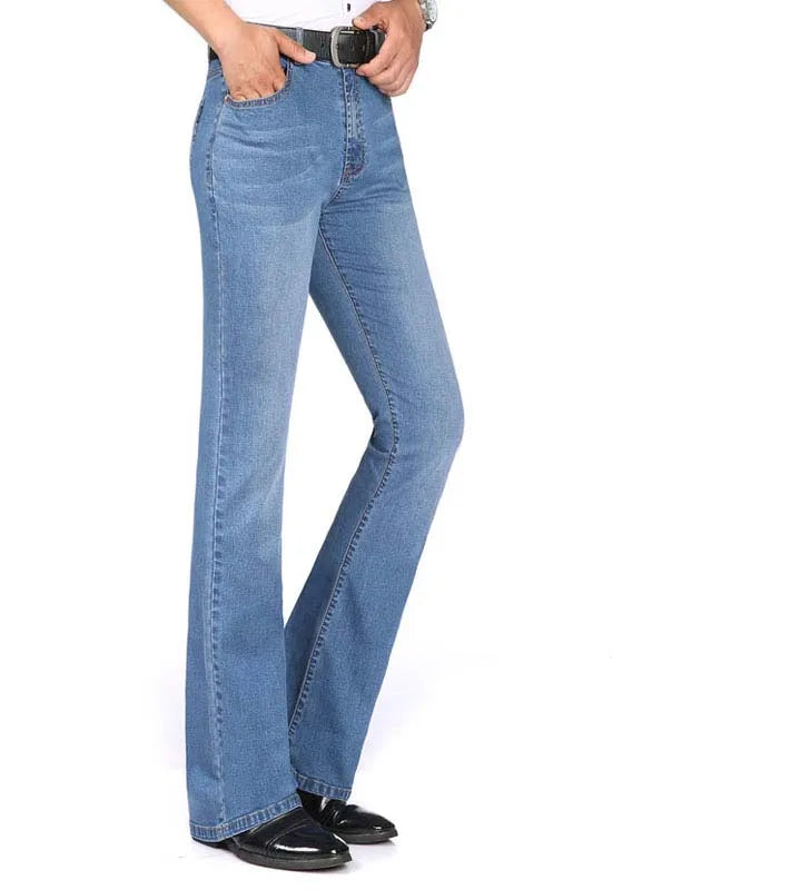 2019 New Summer Thin Mens Flared Leg Jeans High Waist Long Flare Jeans For Men Bootcut Blue Jeans Hommes bell bottom jeans men