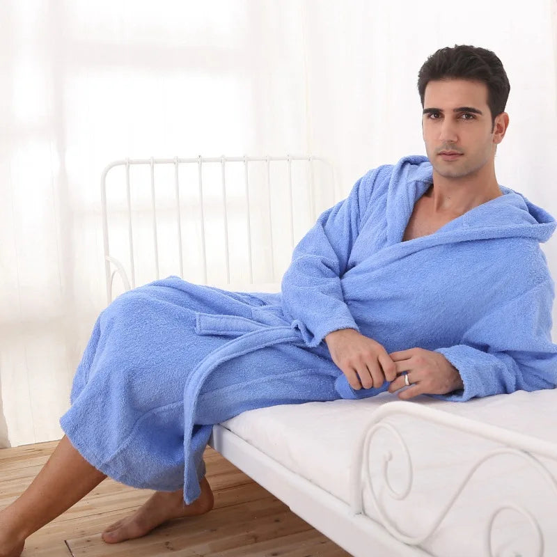 Hooded cotton men bathrobe plus siez XL pajamas women towel fleece robe winter thick soft long loves home spring white blue