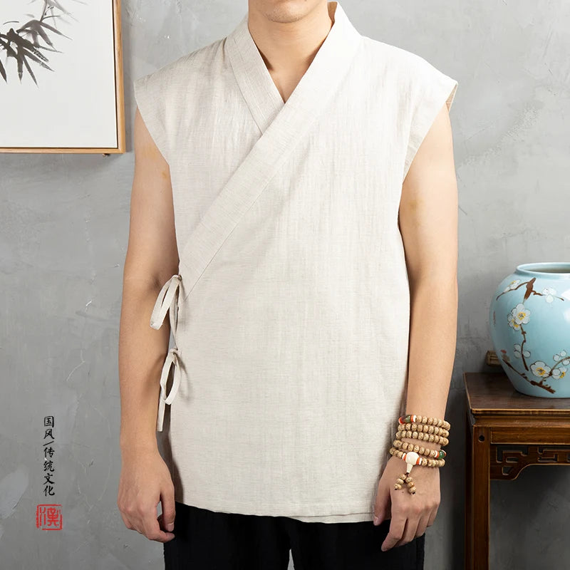 Traditional Chinese Clothing  Hanfu Men Linen cotton sleeveless Jacket mens tang suit Kimono Cardigan Male Open Stitch Coat