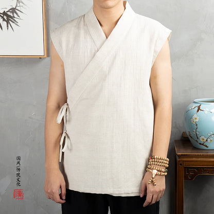 Traditional Chinese Clothing  Hanfu Men Linen cotton sleeveless Jacket mens tang suit Kimono Cardigan Male Open Stitch Coat