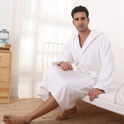 Hooded cotton men bathrobe plus siez XL pajamas women towel fleece robe winter thick soft long loves home spring white blue