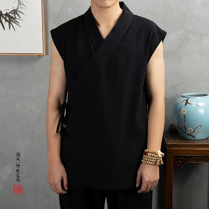 Traditional Chinese Clothing  Hanfu Men Linen cotton sleeveless Jacket mens tang suit Kimono Cardigan Male Open Stitch Coat