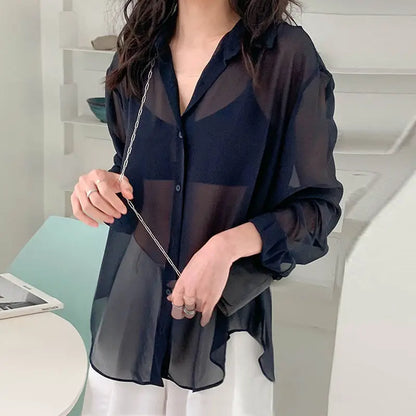 Women Shirts Sheer Sun-proof Fashion Summer Elegant Outerwear Simple Solid All-match Feminine Long Sleeve Turn-down Collar Cozy